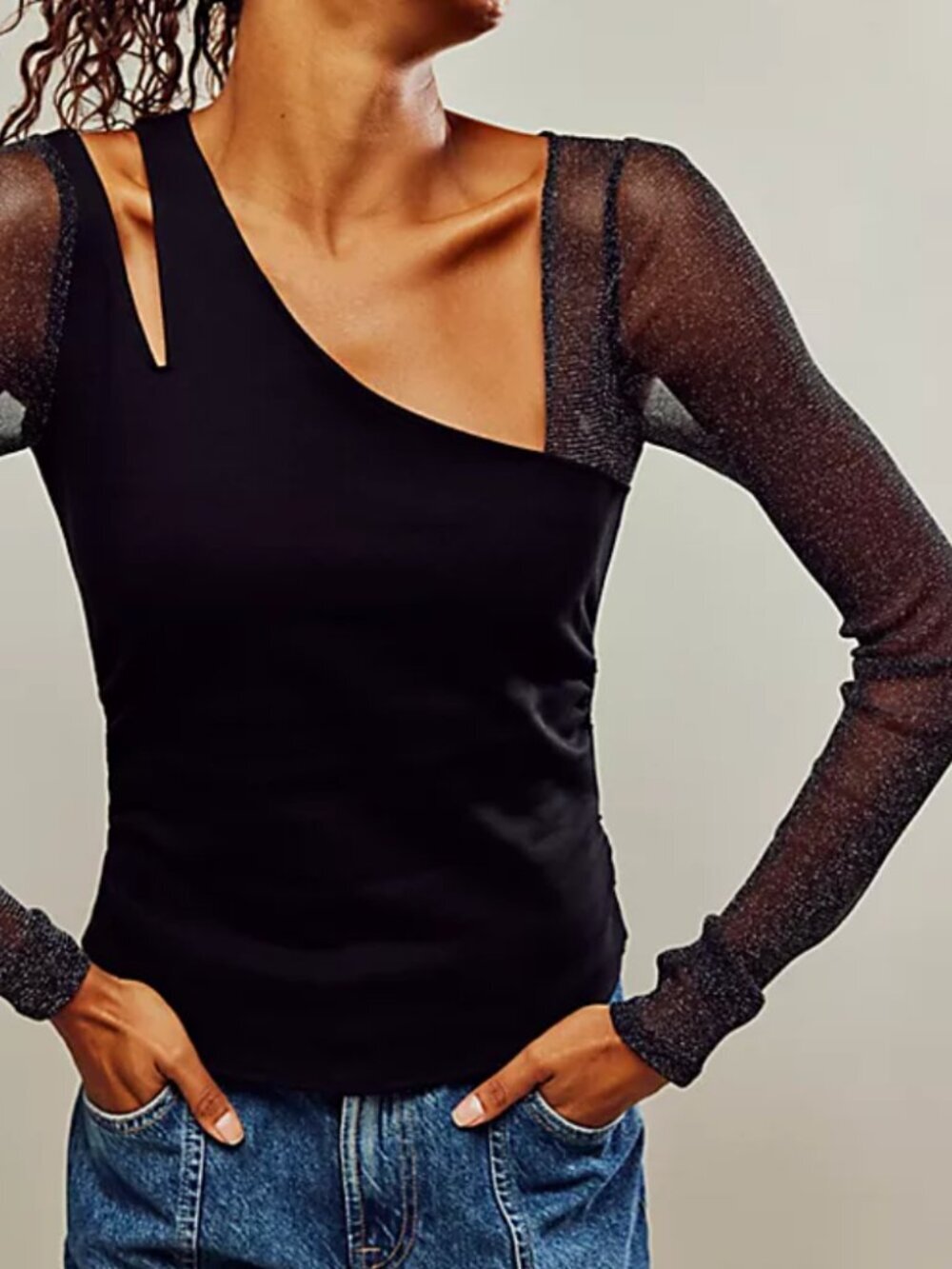 NWT Free People Women's Size Small Black Janelle Layered Metallic Sleeve Top